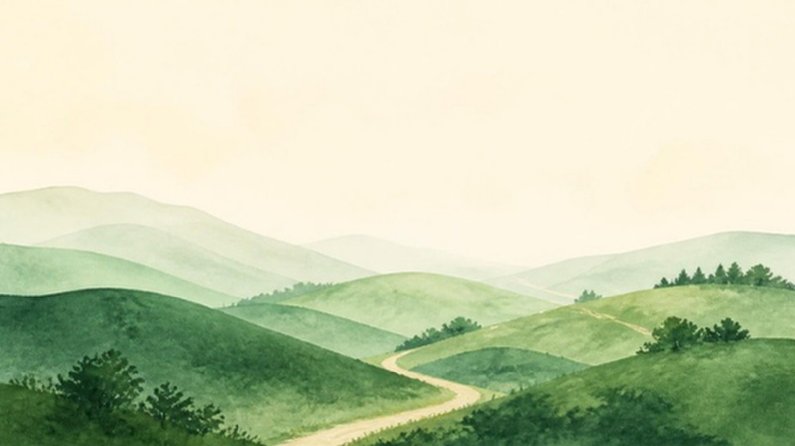 Ilustración en acuarela de colinas verdes atravesadas por un camino