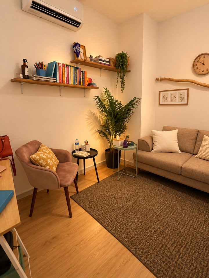 Sala de terapia con sillón, repisas y plantas en el consultorio fluye